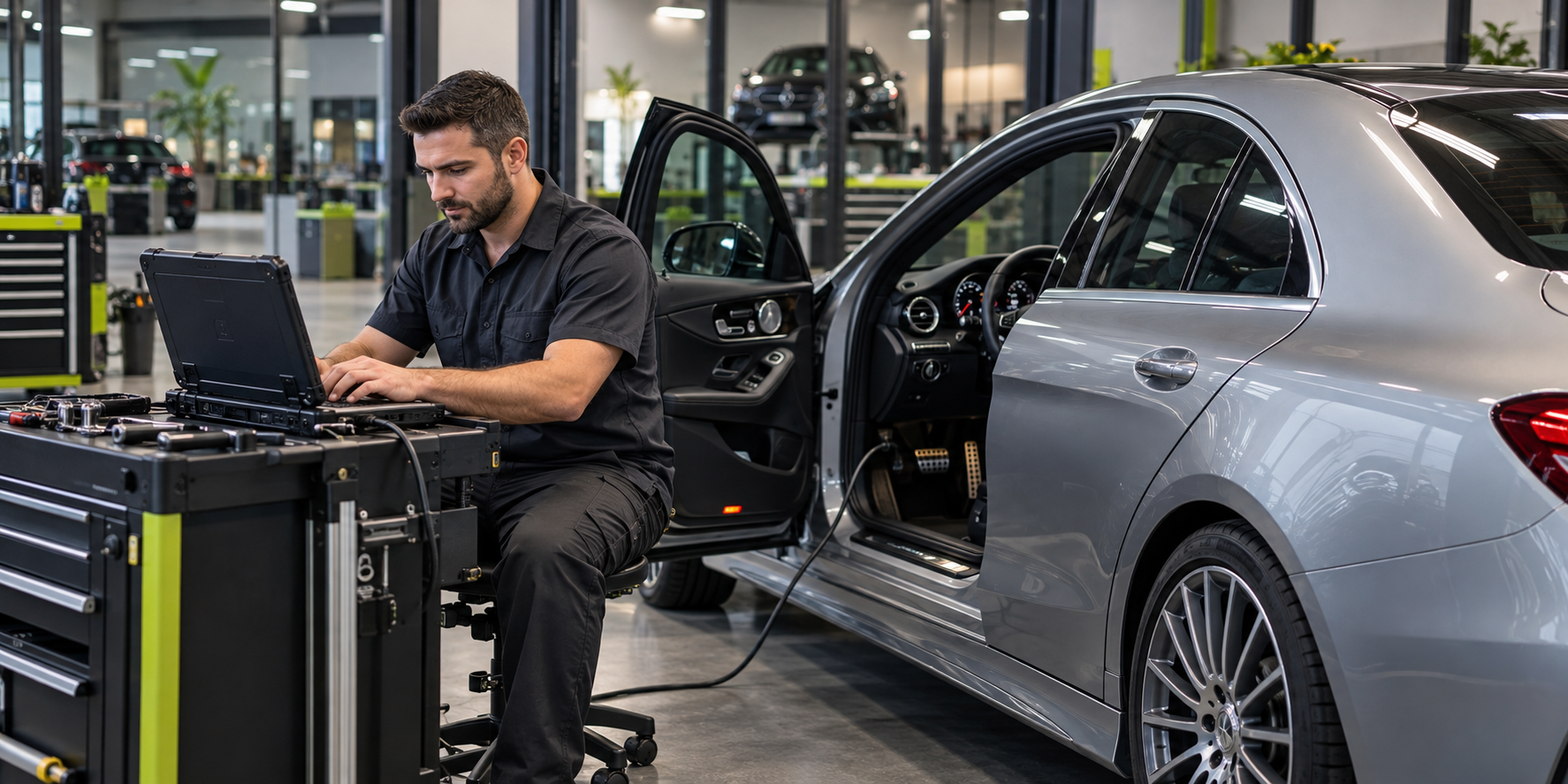 Illustrative technician using a diagnostic laptop beside a silver Mercedes-Benz sedan.
