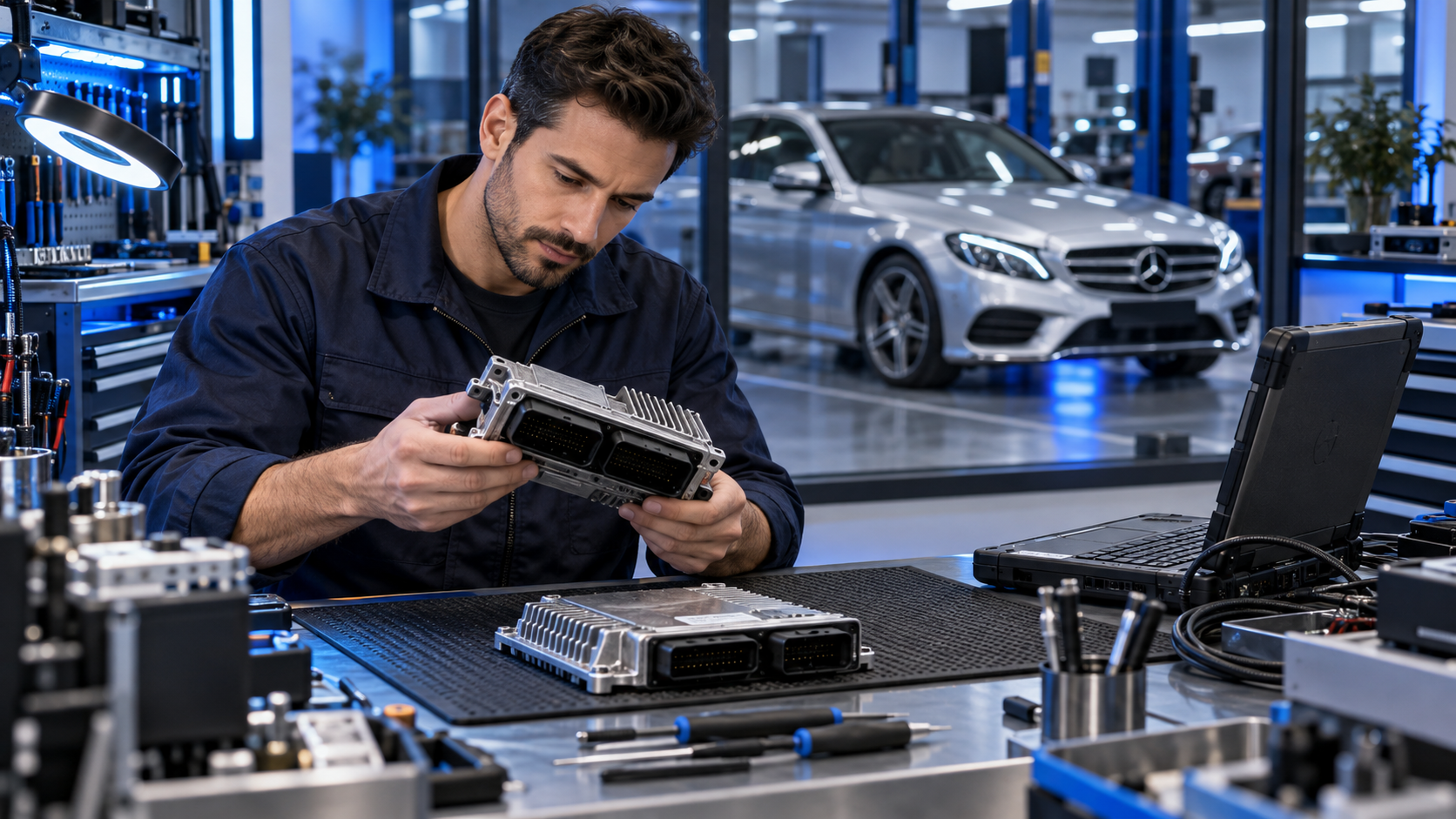 Illustrative automotive electronics technician inspecting control modules beside a diagnostic laptop.
