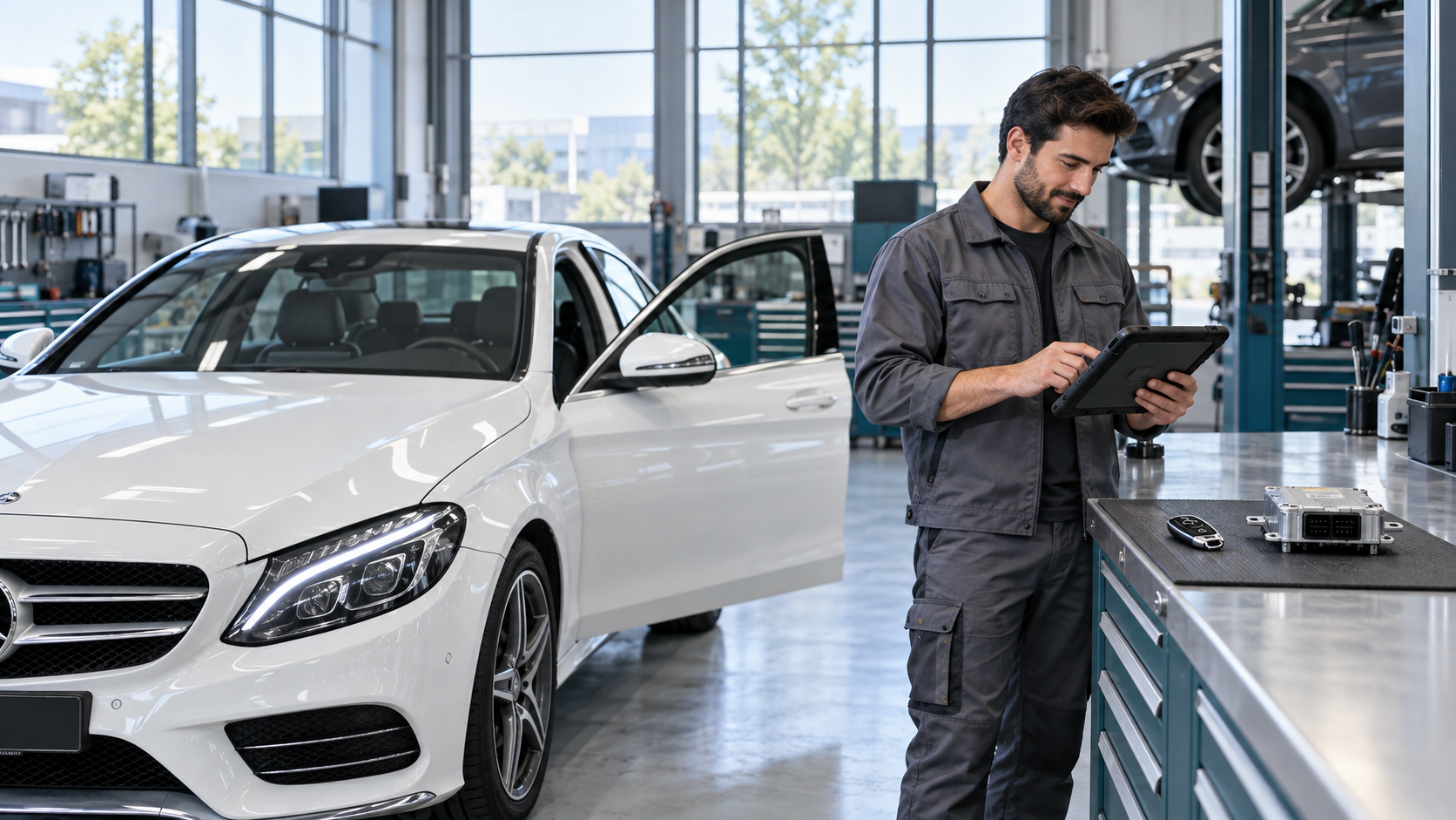 Illustrative technician with a diagnostic tablet beside a white Mercedes-Benz, a headlight module and spare key fob.