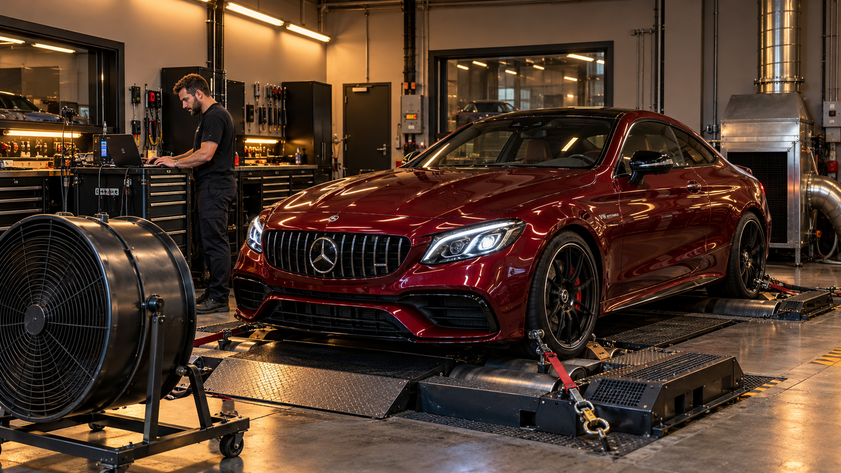 Illustrative technician monitoring a laptop beside a burgundy Mercedes-Benz coupe on a chassis dynamometer.