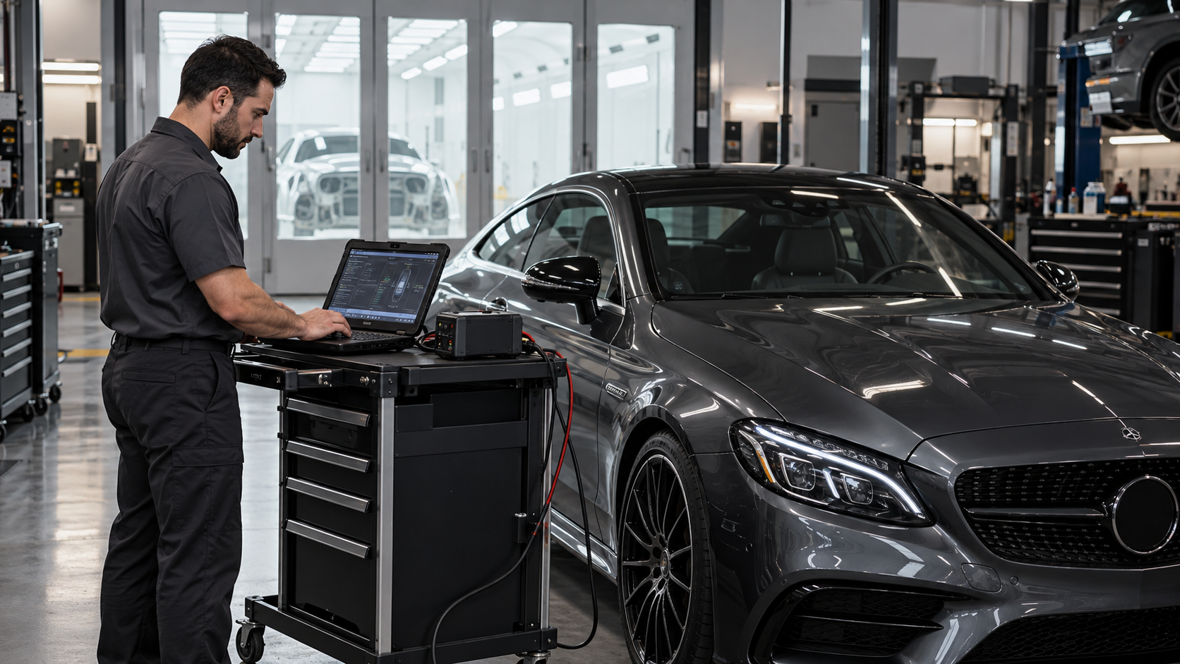 Illustrative technician working on a laptop beside a Mercedes-Benz coupe in an independent body shop.