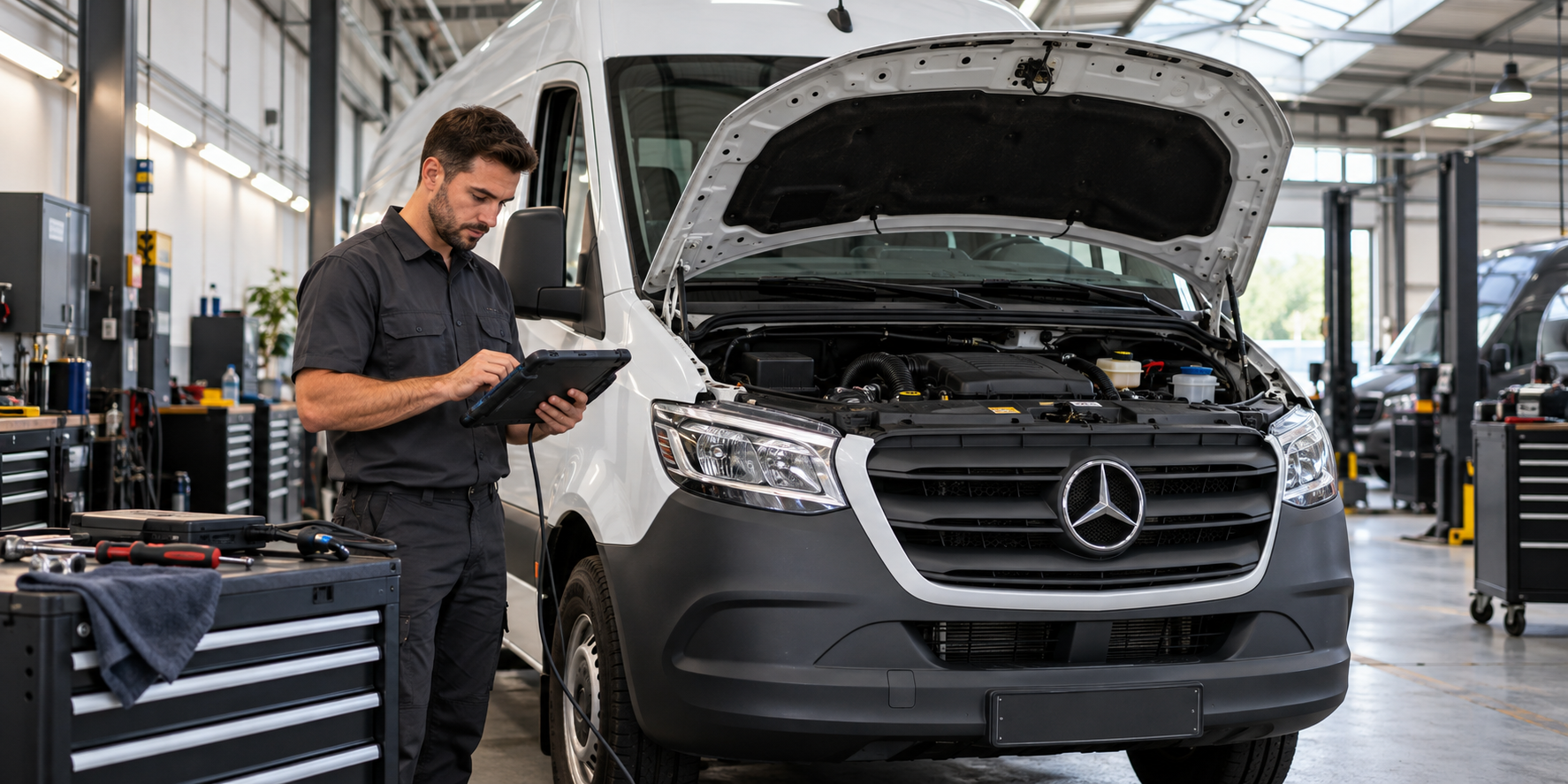 Illustrative technician checking a Mercedes-Benz Sprinter with a diagnostic tablet in a workshop.